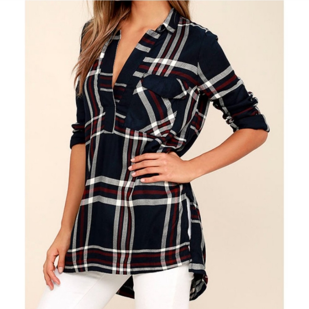 Lulu's Lush Chic Thrills Navy Blue Plaid Tunic Top size XS